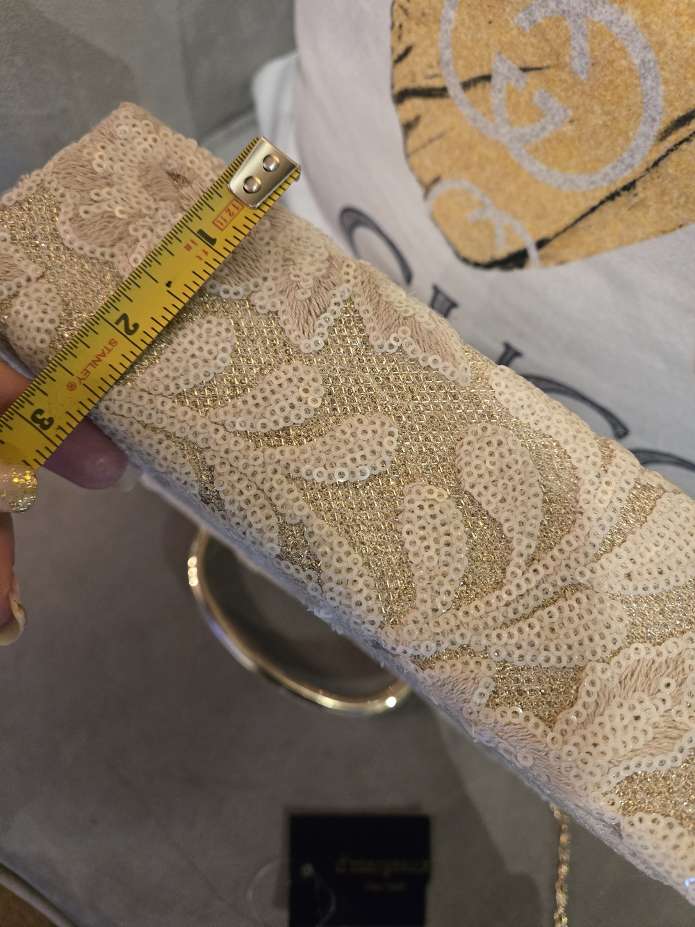 Sequined Floral Box Clutch with Gold Frame - Cream & Gold - Picture 7 of 8